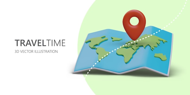 Time to go on trip Embossed 3D world map in multiplicative style Big red location marker Advertising of modern vacations trips Horizontal banner on colored background with place for logo slogan