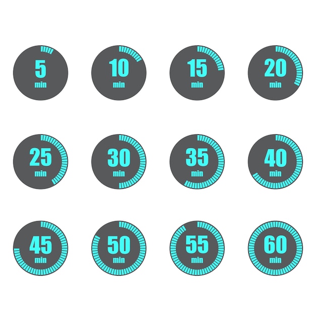 Timers showing minutes Five to sixty minutes Black and blue circles Minimalist vector icons