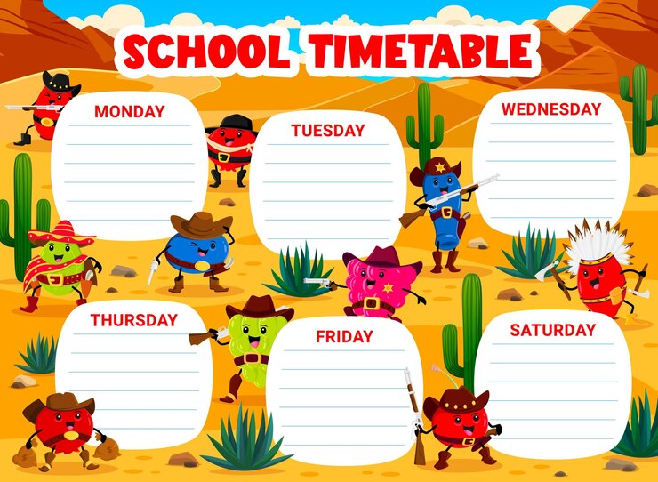 Vector timetable schedule. cartoon western berry cowboys