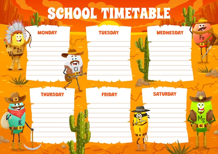 Vector timetable schedule with cartoon vitamin characters