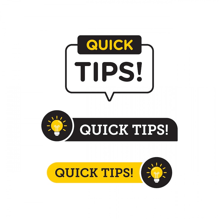 Vector tips cepat, trik bermanfaat ikon logo vektor atau set simbol dengan warna hitam dan kuning dan elemen bola lampu