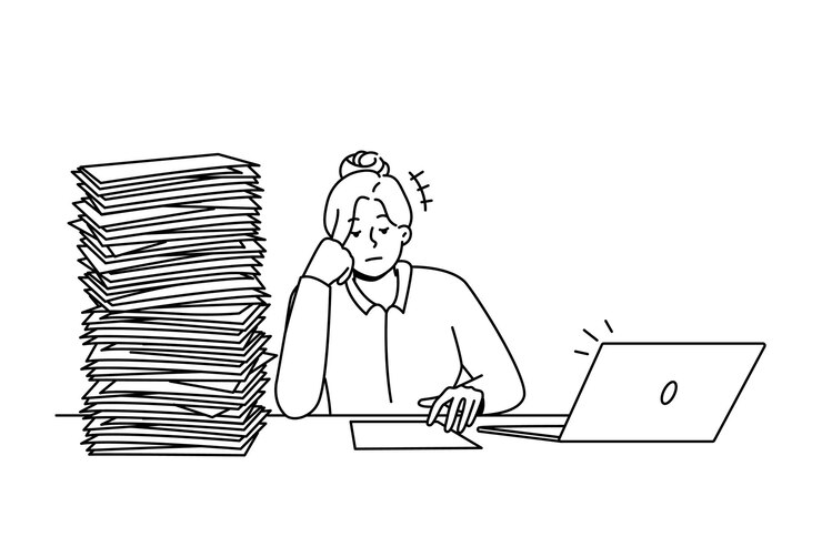 Vector tired businesswoman with pile of paperwork