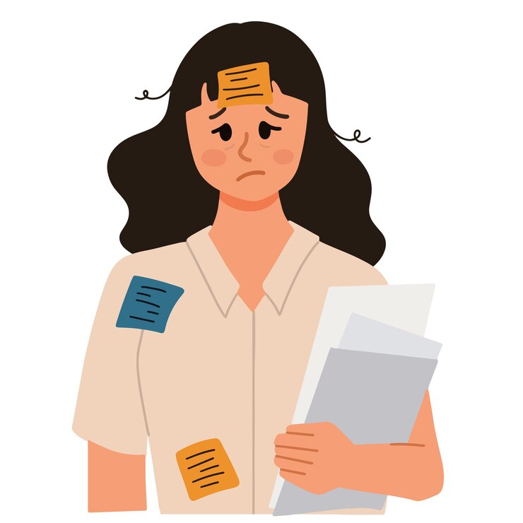 Vector tired girl student studying with sticky notes messy hair illustration