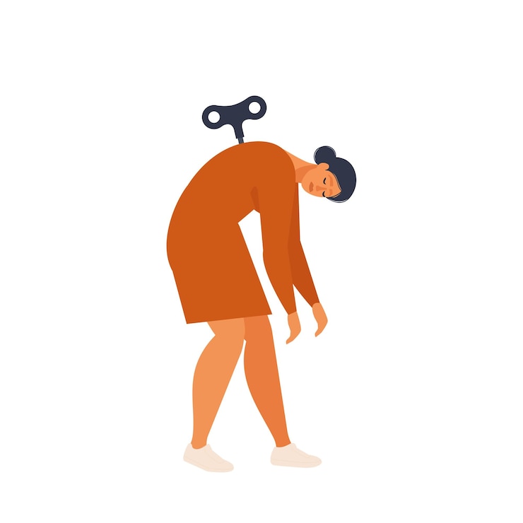 Vector tired woman with windup key has run out of power