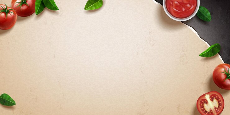 Vector tomat segar dan basil di atas kertas kraft dalam ilustrasi 3d