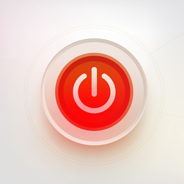 Vector tombol shutdown. ilustrasi teknologi. tombol daya merah