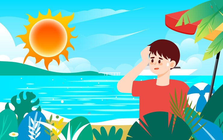 Vector too hot in summer character heat stroke high temperature warning hot summer day vector