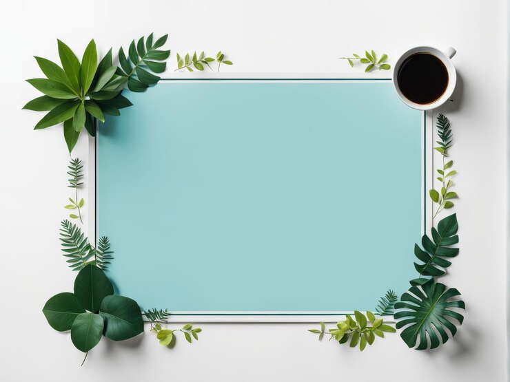 Vector top view of coffee cup coffee and leaves on green background top view of coffee cup coffee an