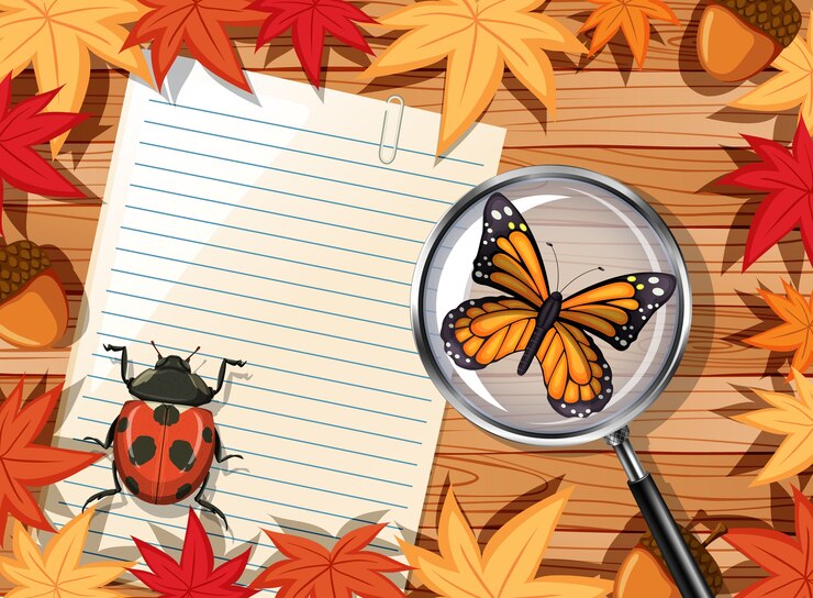 Vector top view of wooden table with blank paper and insects and autumn leaves element
