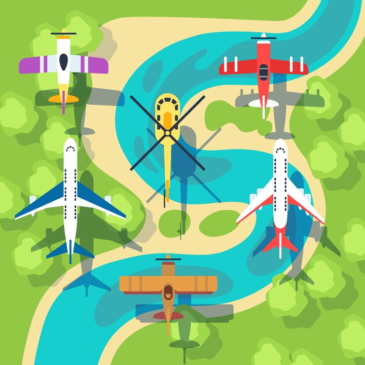 Vector top view planes and helicopters above landscape 
