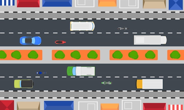 top view traffic and building on the city and top view traffic landscape view background flat style design illustration