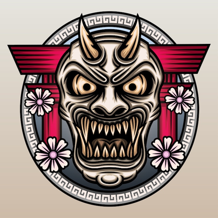 Vector topeng hannya di depan gerbang torii.