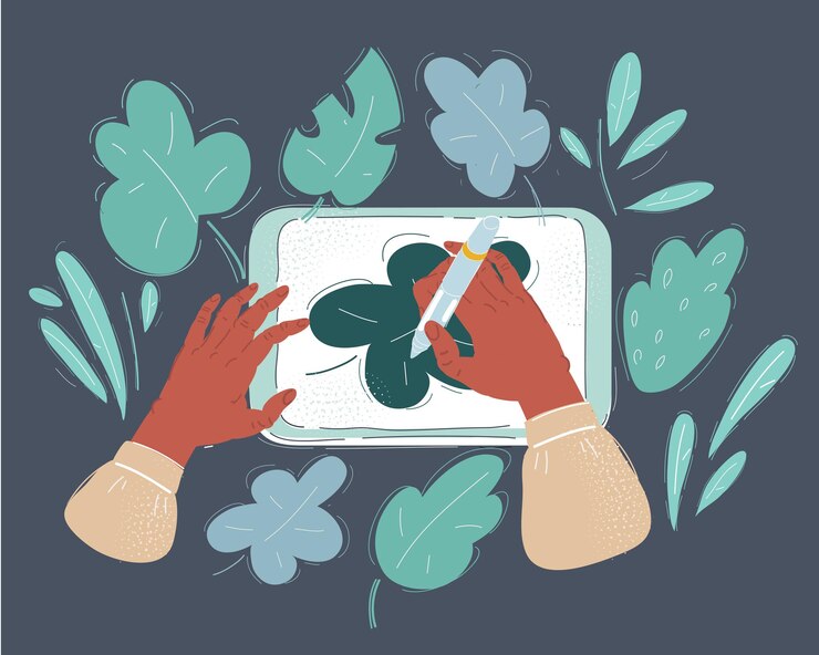 Vector topview hand crop of drawing digital artwork and vector picture designing process artist drawing flat style trendy leaf with stylus pen on a electronic graphic tablet creative profession concept