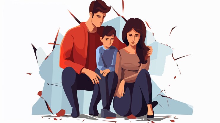 Vector torn family photo of parents and kid divorce concept