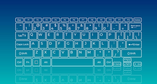 touch screen virtual keyboard, glowing keys and reflection on blue background