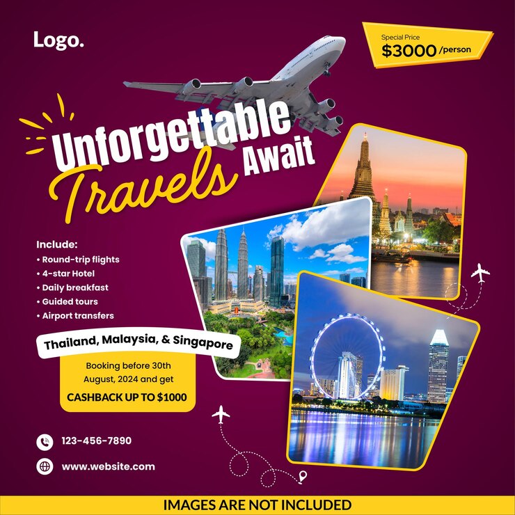 Vector tour package mockup design for travelers with logo and contact details