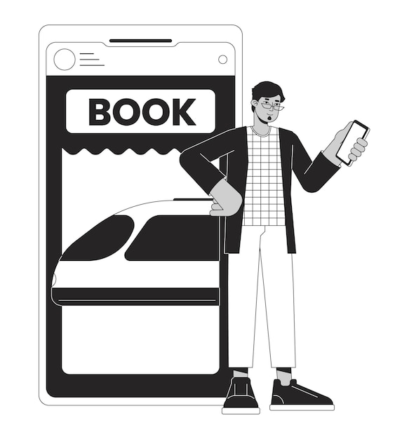 Tourist buying tickets on train bw concept vector spot illustration Online app Using smartphone 2D cartoon flat line monochromatic character for web UI designeditable isolated outline hero image