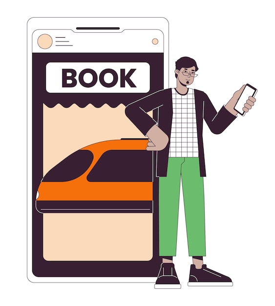 Tourist buying tickets on train flat line concept vector spot illustration Online app Man using smartphone 2D cartoon outline character on white for web UI design Editable isolated color hero image