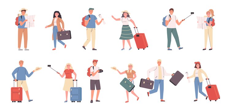 Vector tourists, male and female travelers flat set