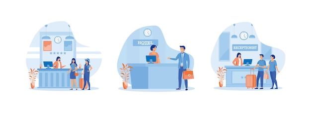 tourists or travelers standing at the reception desk and talking to the receptionist