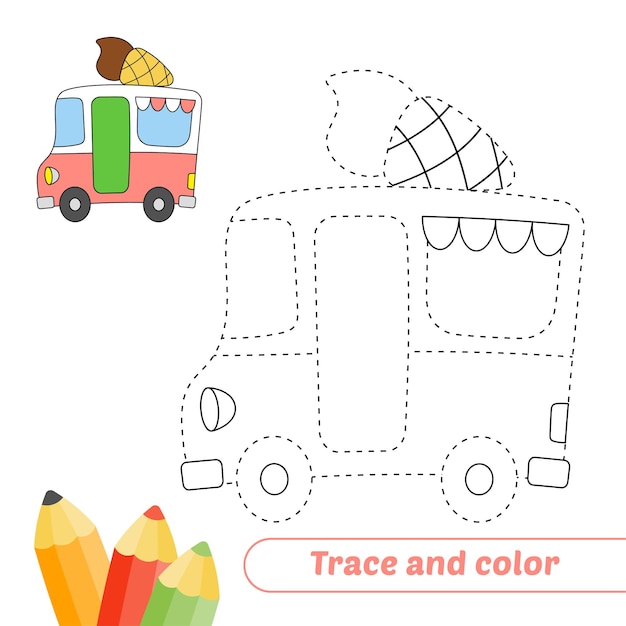 Trace and color for kids ice cream car vector