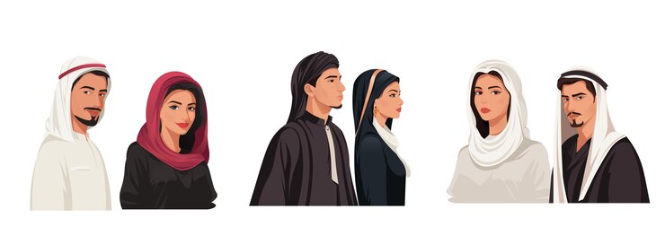 Traditional arab men and women in cultural clothing vector illustration