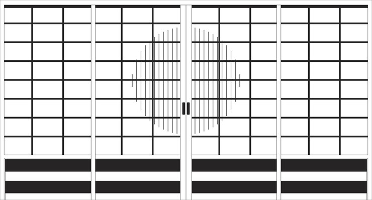 Vector traditional japanese doors with sun silhouette outline 2d cartoon background sliding shoji doors linear aesthetic vector illustration screens entrance flat wallpaper art monochromatic lofi image