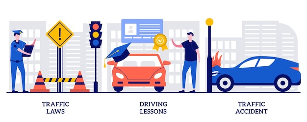 traffic laws, driving lessons, traffic accident concept with tiny people. driving license vector illustration set. road safety, violation fine, certified instructor, car crash investigation metaphor.
