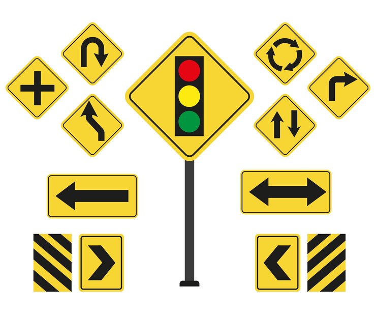 traffic light and road signs for kids safety Caution and warning signals cartoon signs vector