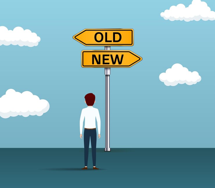 Vector traffic sign with two options old or new choice