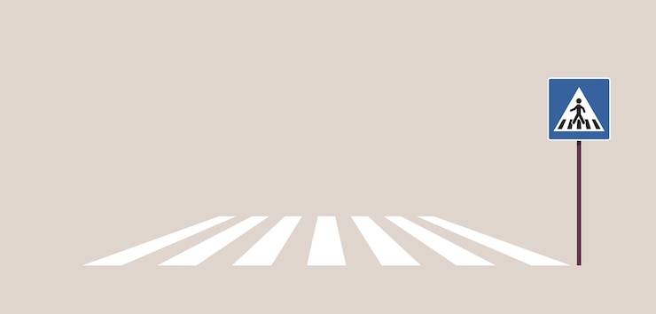 Vector traffic signs on city road and crosswalk concept flat vector illustration.