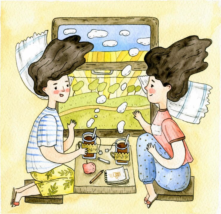 Vector train trip illustration with two girls enjoying tea