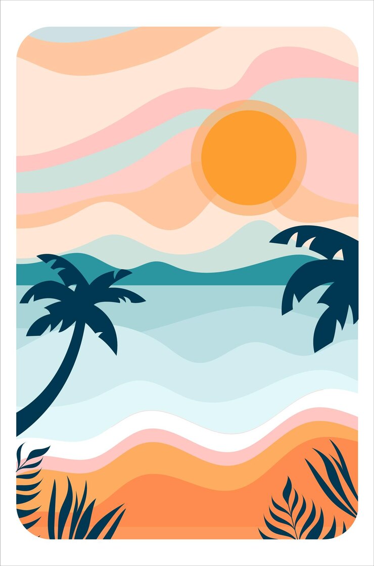 Tranquil Beach with Waves Palm Trees and a Vibrant Sunset Vector illustration