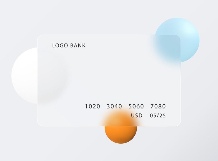 Vector translucent bank card and colored spheres vector image in glass morphism style
