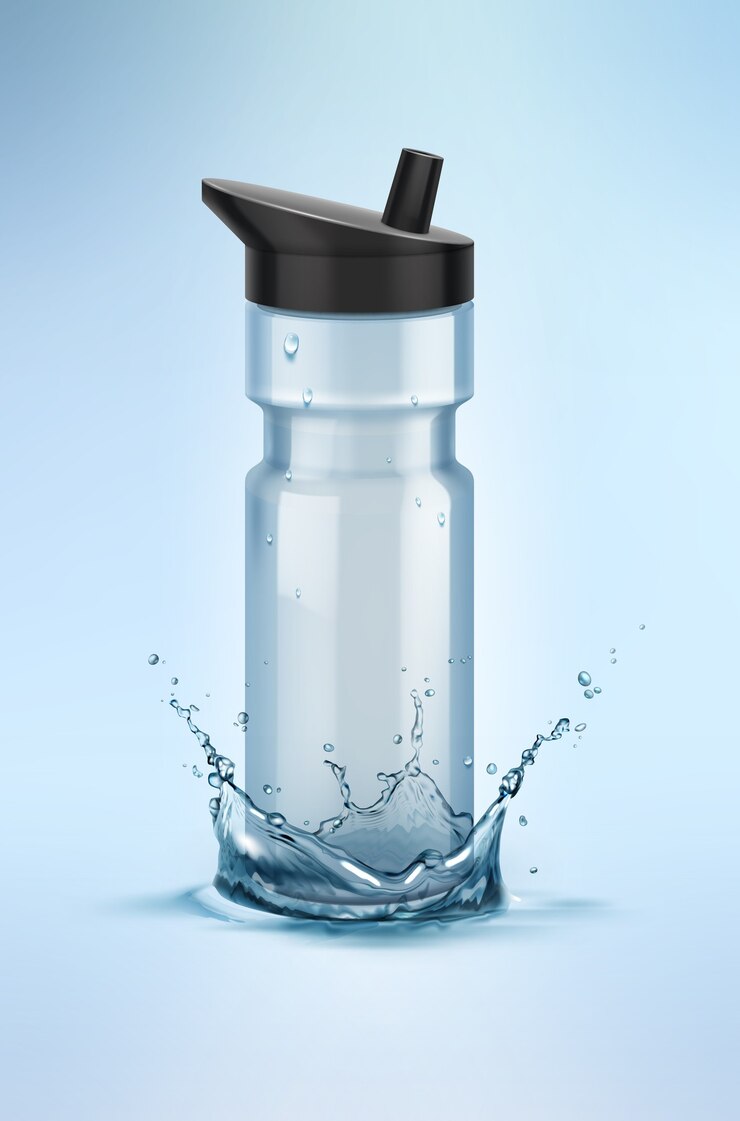 Vector transparent glass or plastic sports bottle in water splash.