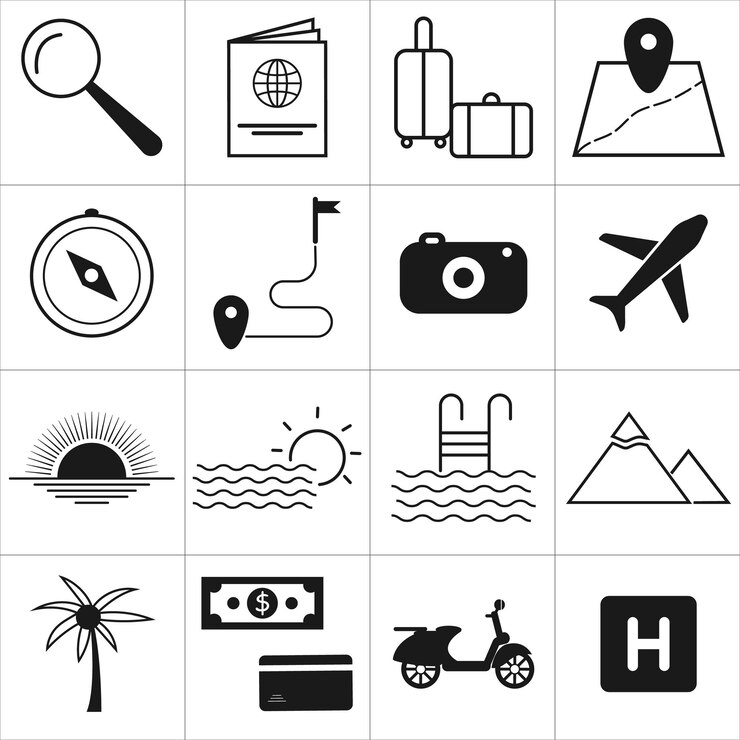 Vector travel and tourism icons vector set holiday and vocation signs for web development