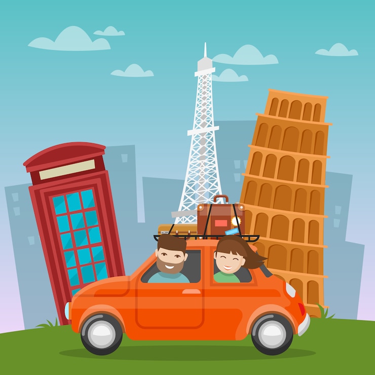 Vector travel by car european adventure with famous architecture places