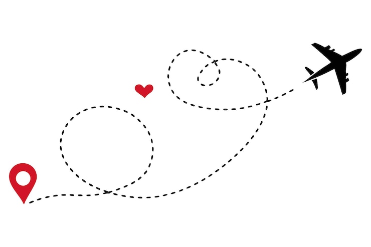 Vector travel love journey with airplane and heart location pintwork