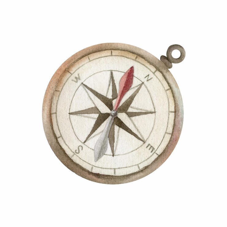 Travel navigation accessory for tourist old vintage compass wind rose watercolor hand drawn