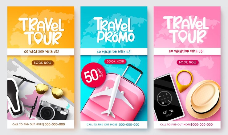 Vector travel promo vector poster set design travel tour text collection in discount offer sale