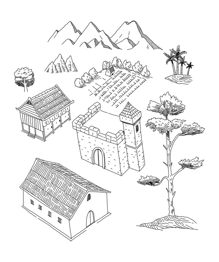 Vector travel sketch village map illustration free hand