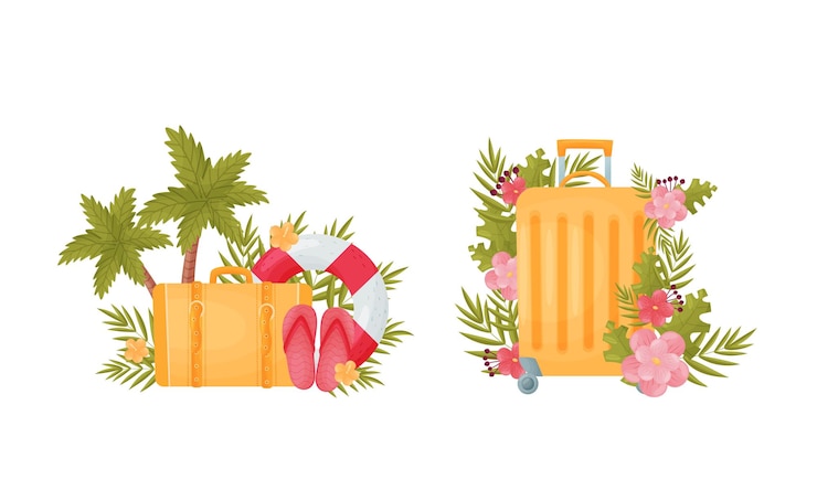 Vector travel suitcase and trunks with palm branch and vacation symbols vector set