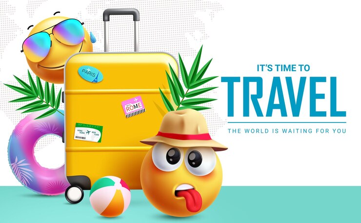 Vector travel time text emoji clipart design summer time with emoji character faces and tour elements