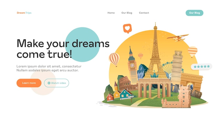 Vector travel to europe road trip tourism landing page for website travelling vector banner