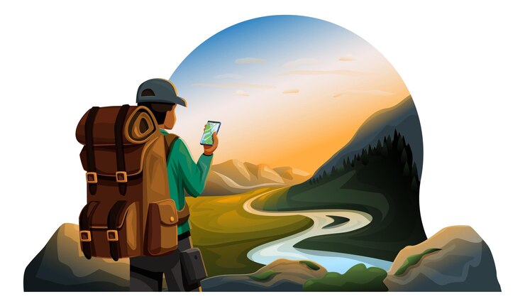 Vector traveler with map in phone on mountain in front of valley at sunrise vector illustration