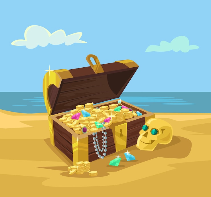 Vector treasure chest full of gold coins cartoon illustration