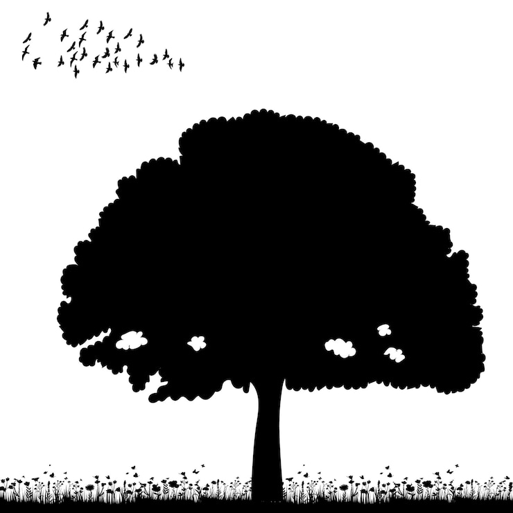 Vector tree growing on grass silhouette on white background isolated
