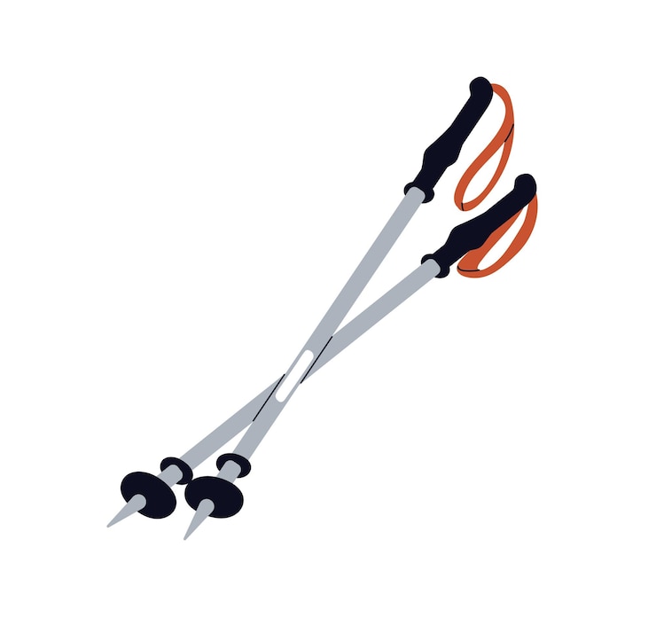 Vector trekking poles hiking sticks adventure active travel equipment mountaineering touristic gear walking staffs pair flat cartoon vector graphic illustration isolated on white background