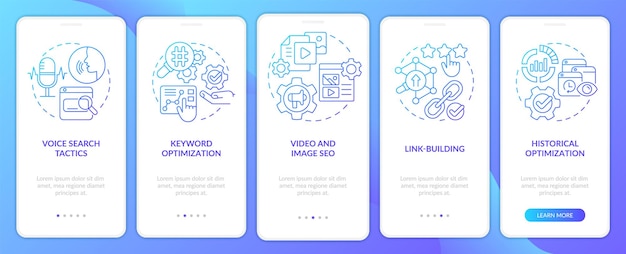 Tren pemasaran SEO layar aplikasi seluler onboarding gradien biru Walkthrough alat 5 langkah instruksi grafis halaman dengan konsep linier Templat UI UX GUI Font Myriad ProBold Regular digunakan