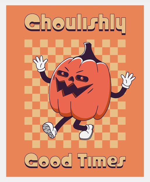 Trendy Groovy retro 70s Halloween posters with Gloved evil pumpkin and inscription Ghoulishly Good Times Funky old vintage cartoon characters and elements